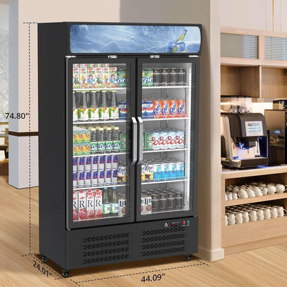 Commercial Refrigerator, Commercial Merchandiser 26.8 Cu Ft Refrigerator, Refrigerator with 2 Glass Door and LED Light, Large Business Cooler for Home Restaurant Grocery Stores
