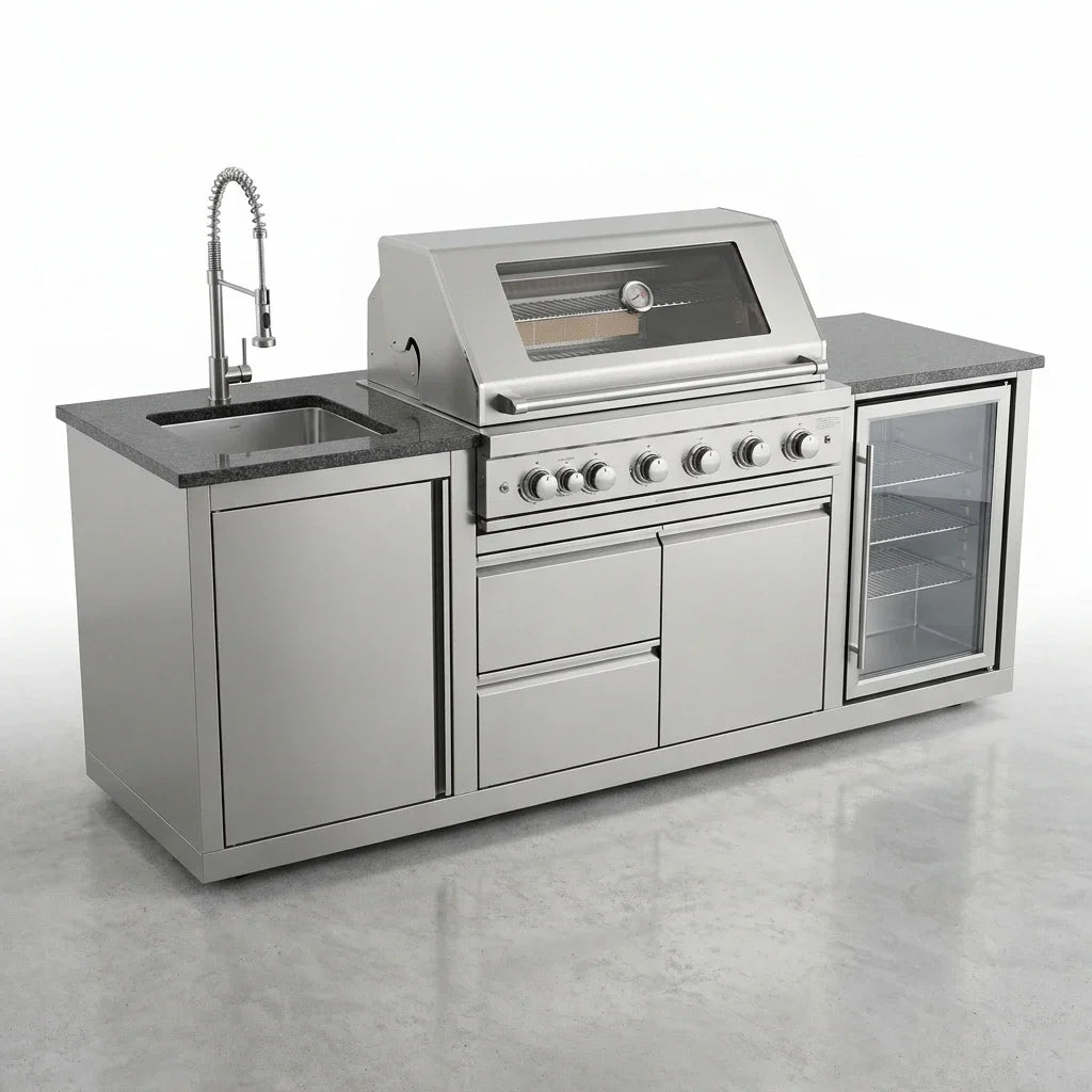 Outdoor Kitchen Island 85" 6-Burner 85000 BTU Deluxe Modular BBQ Island - Grill Islands W/Wine Cooler, Built in Combo outside Island + Rotisserie & Granite Top Outdoor Grill — Studio Shot