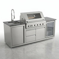 Outdoor Kitchen Island 85" 6-Burner 85000 BTU Deluxe Modular BBQ Island - Grill Islands W/Wine Cooler, Built in Combo outside Island + Rotisserie & Granite Top Outdoor Grill — Studio Shot