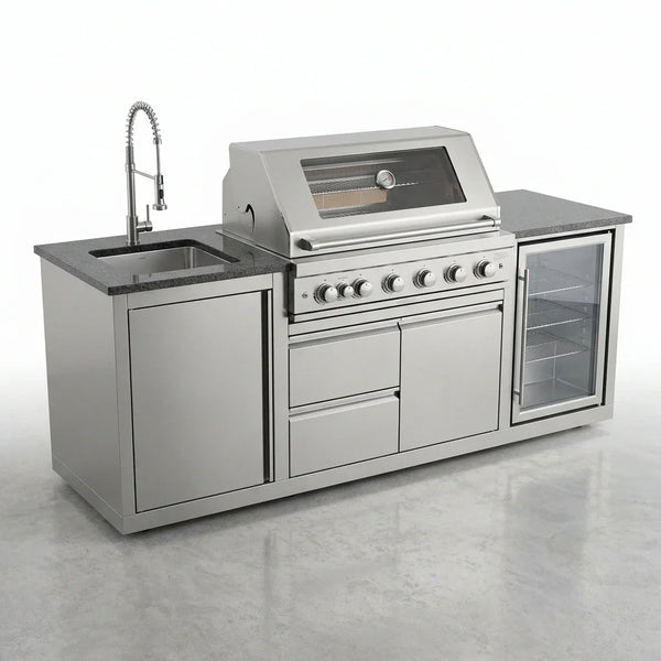 Outdoor Kitchen Island 85" 6-Burner 85000 BTU Deluxe Modular BBQ Island - Grill Islands W/Wine Cooler, Built in Combo outside Island + Rotisserie & Granite Top Outdoor Grill — Studio Shot