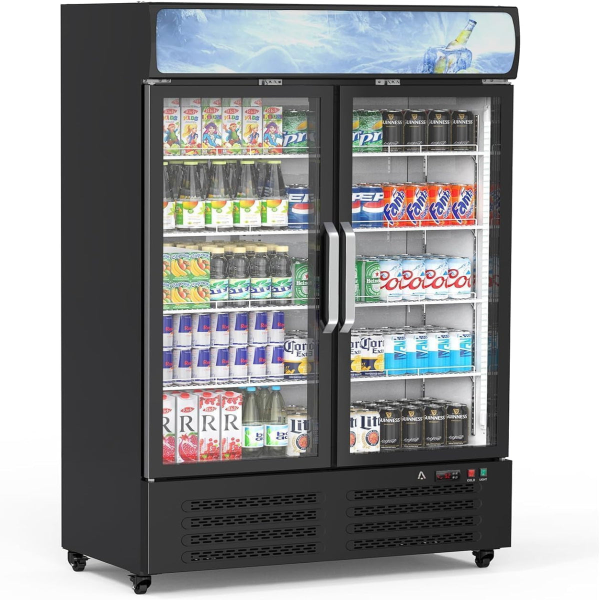 Commercial Refrigerator, Commercial Merchandiser 26.8 Cu Ft Refrigerator, Refrigerator with 2 Glass Door and LED Light, Large Business Cooler for Home Restaurant Grocery Stores